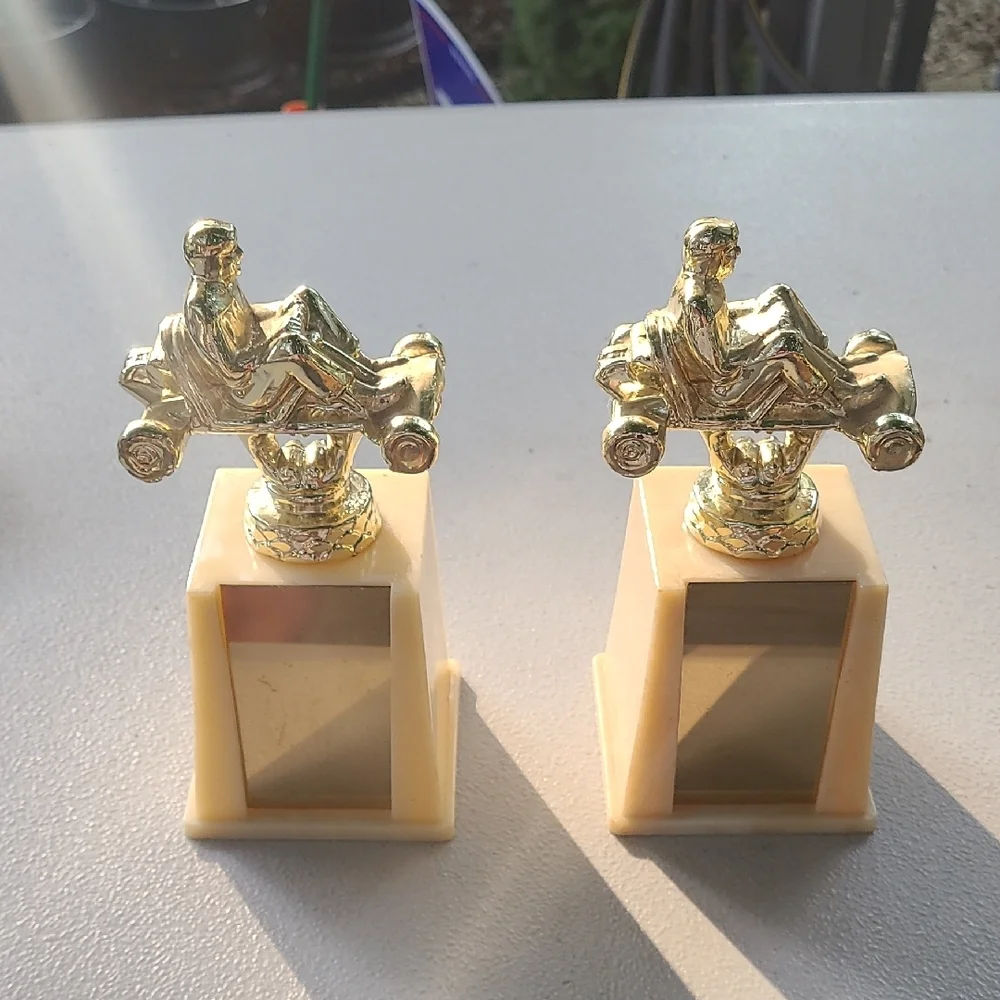 Vintage Gold Cream Go Kart Trophies Two Awards Blank‎ Front Plates